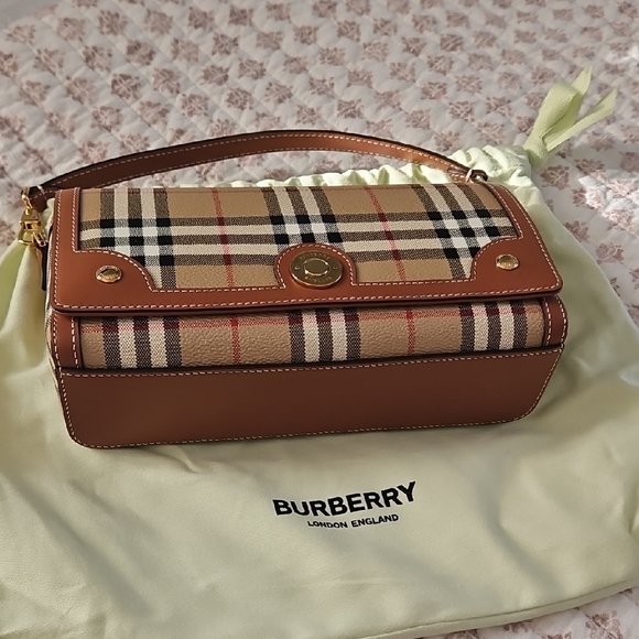 New Burberry Note Crossbody Bag Clutch Check Beige Briar Brown Multi - Picture 2 of 13